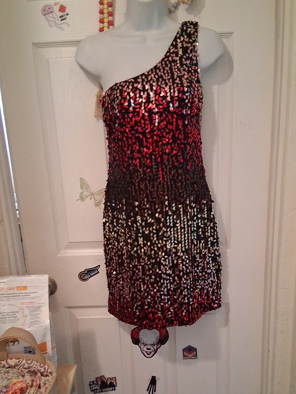 As U Wish One-Shoulder Sequin Dress in Red and Gold